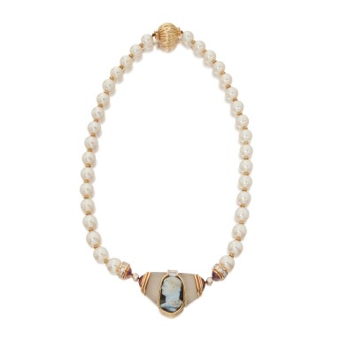 View full screen - View 1 of Lot 379. Cultured Pearl, Agate, Rock Crystal and Diamond Necklace.
