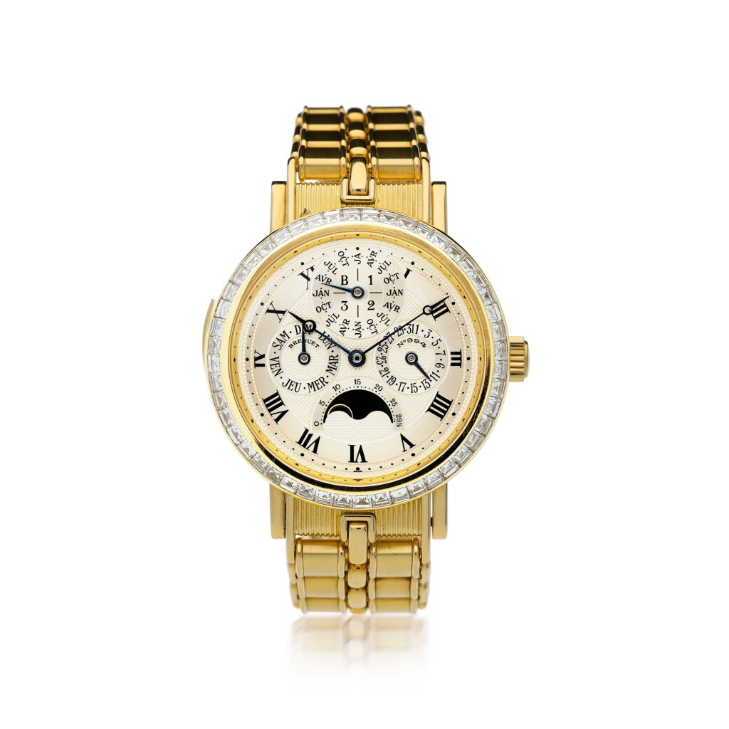 View full screen - View 1 of Lot 12. BREGUET | A FINE AND RARE YELLOW GOLD AND DIAMOND SET MINUTE REPEATING PERPETUAL CALENDAR WRISTWATCH WITH MOON PHASES AND BRACELET, CIRCA 1995.