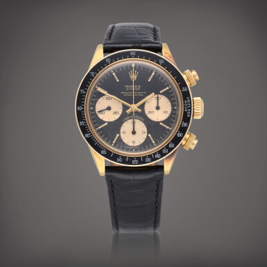 View full screen - View 1 of Lot 104. Daytona, Reference 6263 A yellow gold chronograph wristwatch Circa 1970 | 勞力士 | Daytona 型號 6263 黃金計時腕錶,製作年份約 1970.