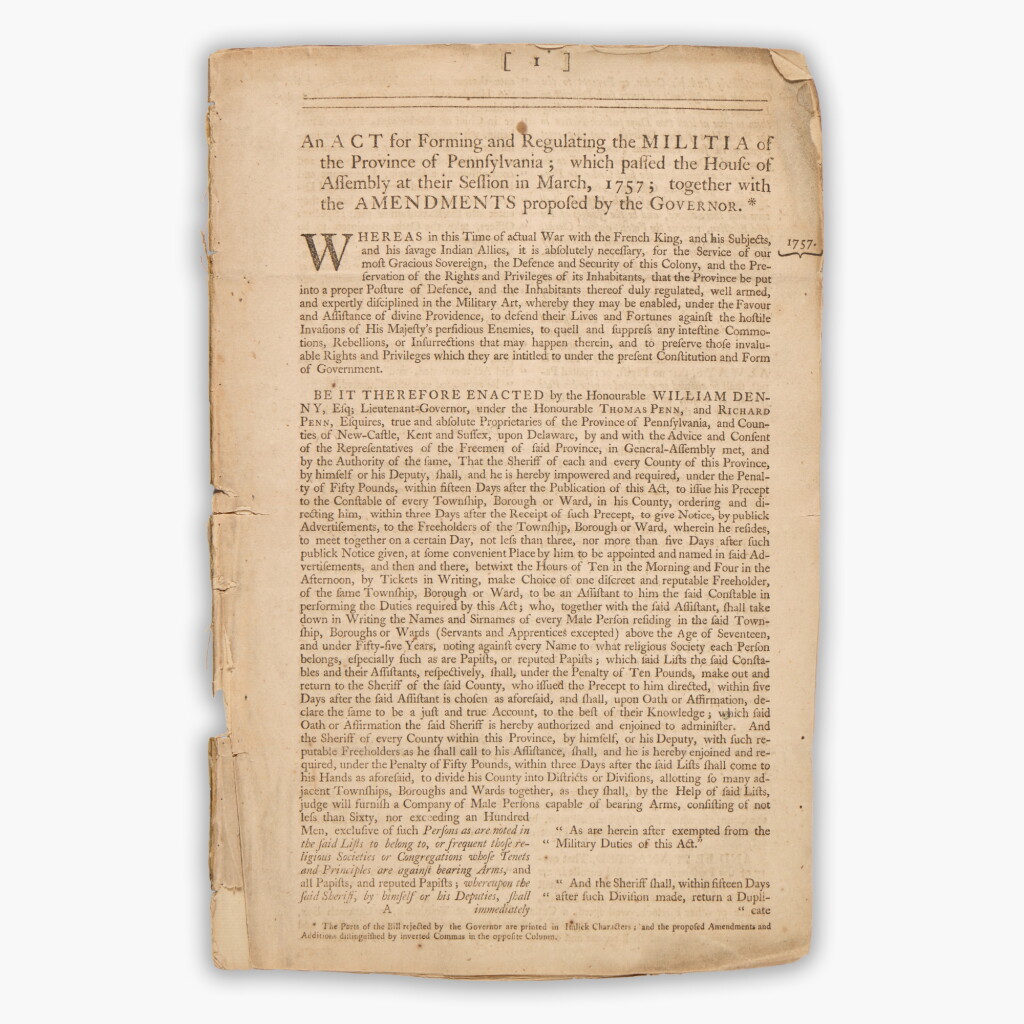 View full screen - View 1 of Lot 77. Pennsylvania General Assembly | A French and Indian War–era Pennsylvania Militia law, printed by Franklin and Hall.