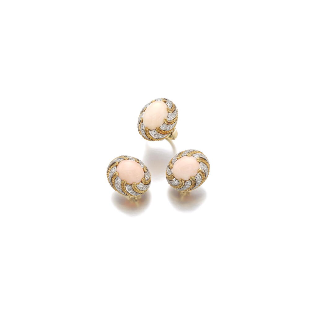 View full screen - View 1 of Lot 127. CORAL AND DIAMOND DEMI-PARURE, 1960S.