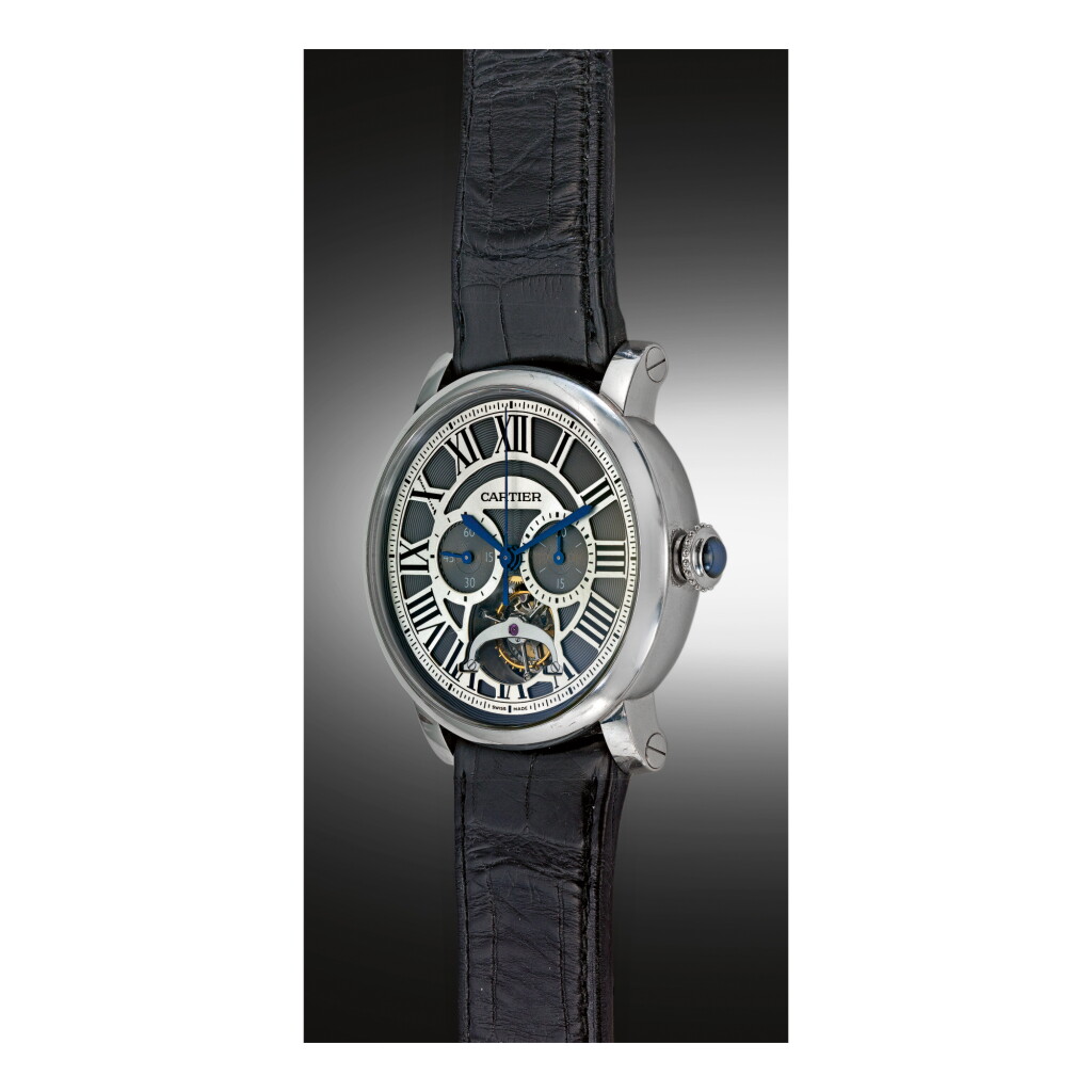 View full screen - View 1 of Lot 986. CARTIER | REF W1580007 ROTONDE DE CARTIER TOURBILLON, A LIMITED EDITION PLATINUM TOURBILLON MONO PUSHER CHRONOGRAPH WRISTWATCH CIRCA 2010 | 卡地亞 | W1580007型號「ROTONDE DE CARTIER TOURBILLON」限量版鉑金陀飛輪單按鈕計時腕錶,年份約2010.