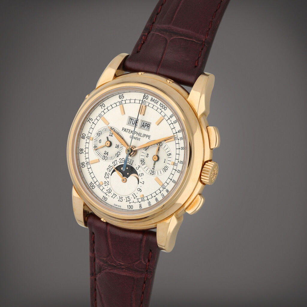 View full screen - View 1 of Lot 14. Reference 5970R-001 | A pink gold perpetual calendar chronograph wristwatch with moon phases, 24 hour and leap year indication | Circa 2006.