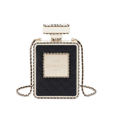 View full screen - View 1 of Lot 641. Limited Edition Black Quilted Calfskin and White Plexiglass Perfume Bottle Minaudiere Pale Gold Hardware.