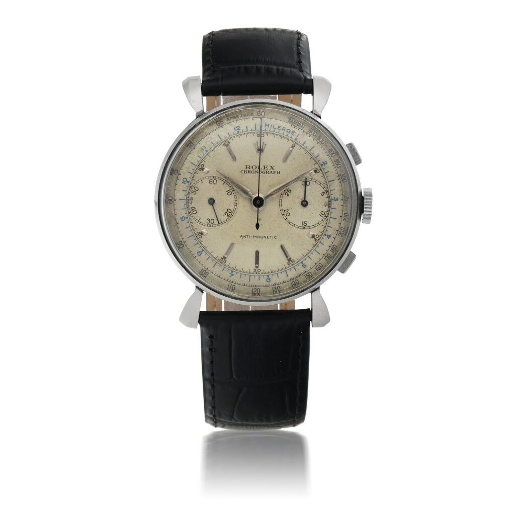 View full screen - View 1 of Lot 910. ROLEX | REF 4099 STAINLESS STEEL CHRONOGRAPH WRISTWATCH WITH FLARED LUGS CIRCA 1940.