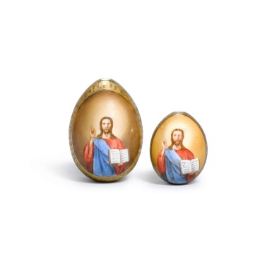 View full screen - View 1 of Lot 102. Christ Pantocrator: two porcelain Easter eggs, Imperial Porcelain Factory, St Petersburg, late 19th-early 20th century .