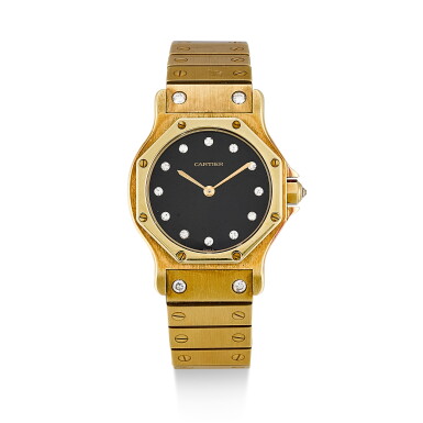 View full screen - View 1 of Lot 152. CARTIER | SANTOS OCTAGONAL, A YELLOW GOLD AND DIAMOND-SET BRACELET WATCH WITH ONYX DIAL, CIRCA 1995.