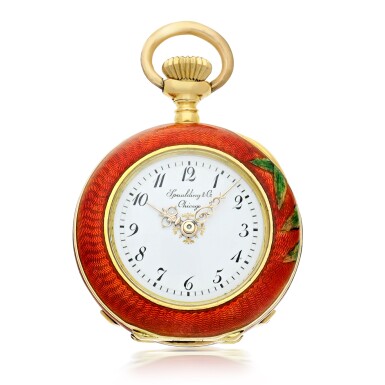 View full screen - View 1 of Lot 46. PATEK PHILIPPE | RETAILED BY SPAULDING & CO.: A FINE YELLOW GOLD, ENAMEL AND DIAMOND-SET OPEN FACED WATCH WITH ASSOCIATED YELLOW GOLD, ENAMEL, DIAMOND AND EMERALD-SET PENDANT, MADE IN 1897.