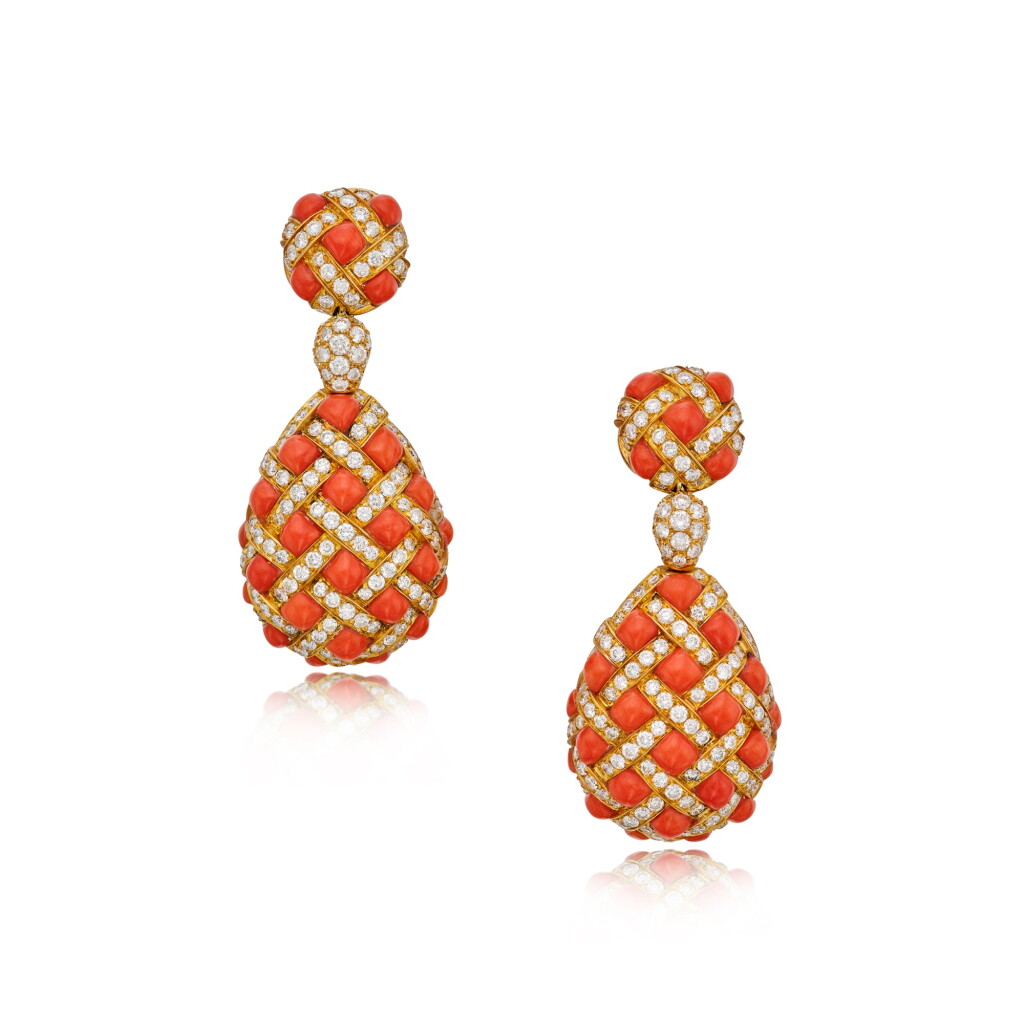 View full screen - View 1 of Lot 478. Pair of Gold, Coral and Diamond Pendant-Earclips.