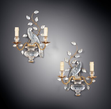 View full screen - View 1 of Lot 13. A pair of gilt-metal and crystal wall lights, in the taste of Maison Baguès .