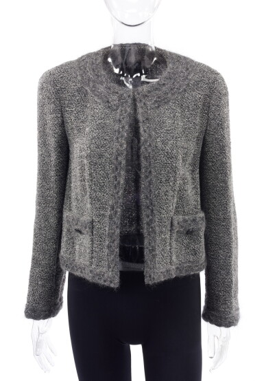 View full screen - View 1 of Lot 64. A GREY WOOL- AND ALPACA-BLEND JACKET, CHANEL.