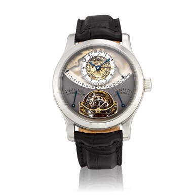 View full screen - View 1 of Lot 8034. Gyrotourbillon 1, Reference 600.64.20 | A limited edition platinum semi-skeletonized perpetual calendar multi-axis spherical tourbillon wristwatch with 8 days power reserve, equation of time, retrograde date, month and leap year indication, Circa 2007 | 積家 | Gyrotourbillon 1型號600.64.20 | 限量版鉑金半鏤空萬年曆多軸球形陀飛輪腕錶,備8天動力儲備、時間等式、逆跳日期、月份及閏年顯示,約2007年製.