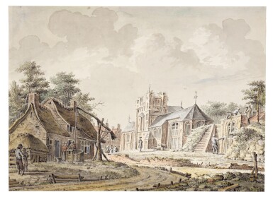 View full screen - View 1 of Lot 105. Village square with figures by a church.