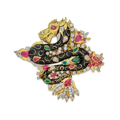 View full screen - View 1 of Lot 62. Gold, Enamel, Ruby, Emerald and Diamond Clip-Brooch.