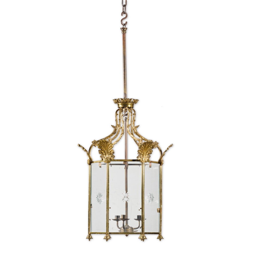 View full screen - View 1 of Lot 10. A Regency style gilt brass hexagonal lantern.