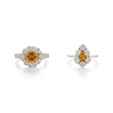 View full screen - View 1 of Lot 1757. Two Coloured Diamond and Diamond Rings | 0.77克拉 深彩黃橙色鑽石 配 鑽石 戒指 及 0.50克拉 艷彩黄橙色鑽石 配 鑽石 戒指.