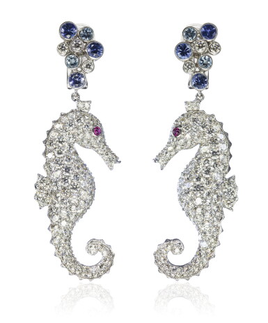 View full screen - View 1 of Lot 28. Pair of gem set and diamond earrings, 'Cavallucci Marini', Michele della Valle.
