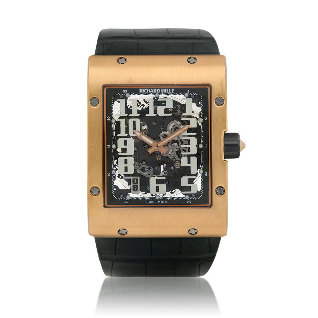 View full screen - View 1 of Lot 87. RM016 Pink gold skeletonized wristwatch with date Circa 2008.