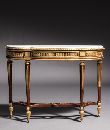 View full screen - View 1 of Lot 307. A Louis XVI gilt-bronze mounted mahogany console, circa 1780, stamped Adam Weisweiler | Console en acajou et monture de bronze doré d'époque Louis XVI, vers 1780, estampille de Adam Weisweiler.