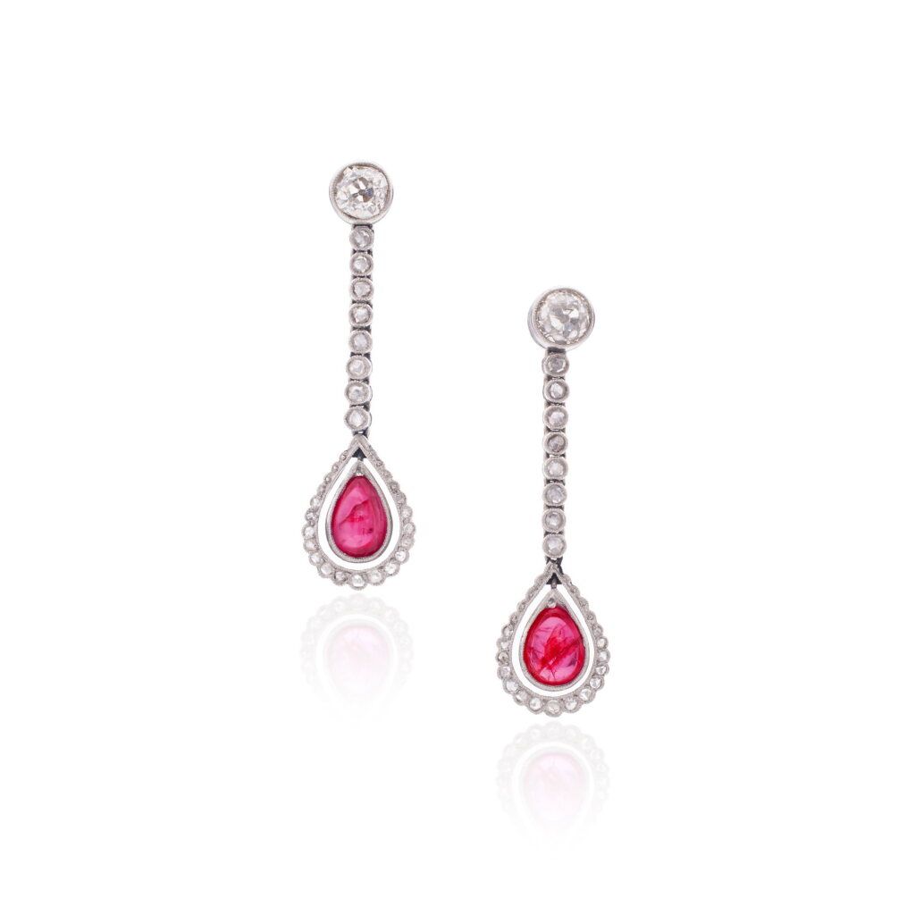 View full screen - View 1 of Lot 1041. Pair of ruby and diamond pendent earrings, circa 1910.