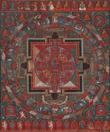 View full screen - View 1 of Lot 116. A thangka depicting a mandala of Vajra Nairatmya, Tibet, 15th century.