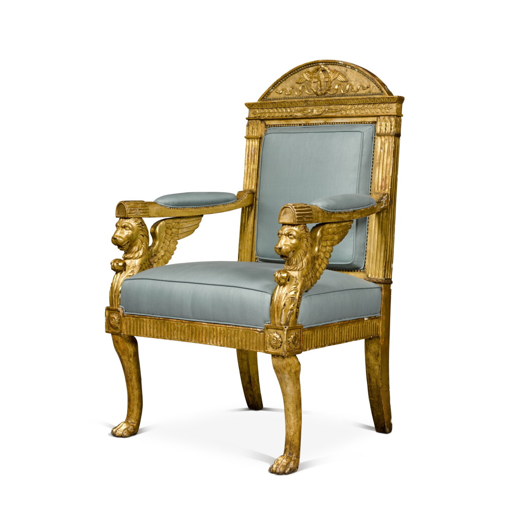 View full screen - View 1 of Lot 116. An Italian carved giltwood armchair, Rome, circa 1810, attributed to Lorenzo Santi.