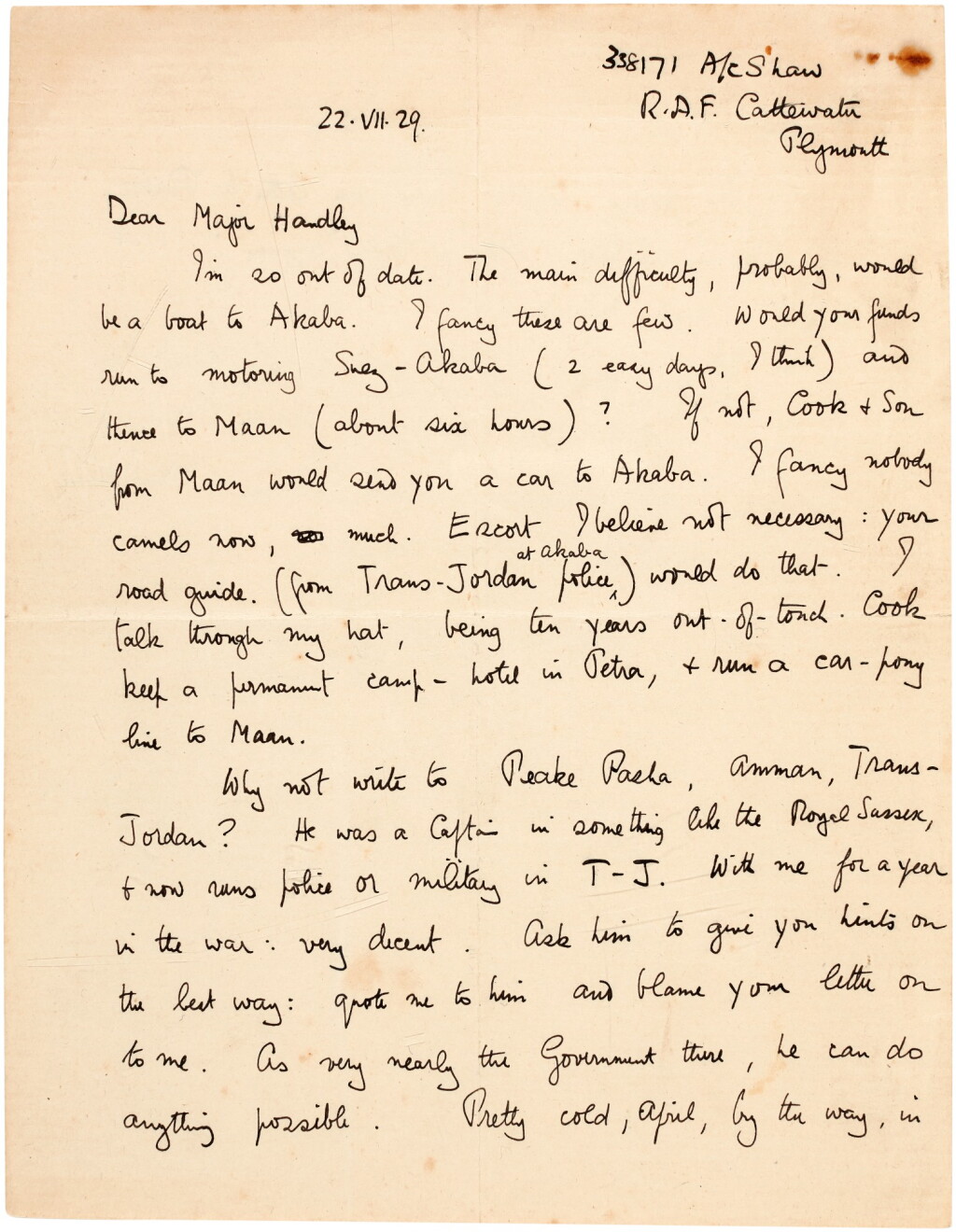 View full screen - View 1 of Lot 74. T. E. Lawrence | Autograph letter signed, to Major Leonard Handley, 22 July 1929.