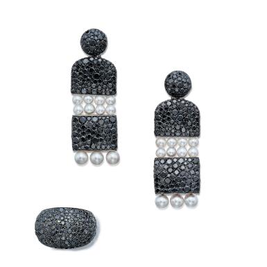 View full screen - View 1 of Lot 128. Pair of Black Diamond and Cultured Pearl Pendant-Earclips and Diamond and Black Diamond Ring.