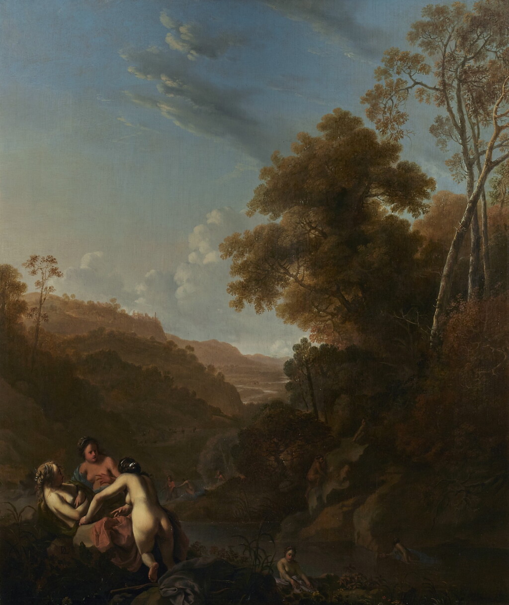 View full screen - View 1 of Lot 263. DIRCK VAN DER LISSE | ITALIANATE LANDSCAPE WITH NYMPHS BATHING.