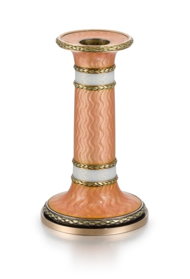 View full screen - View 1 of Lot 36. A Fabergé gold-mounted guilloché enamel candle stick, workmaster Feodor Afanassiev, St Petersburg, 1908-1917.