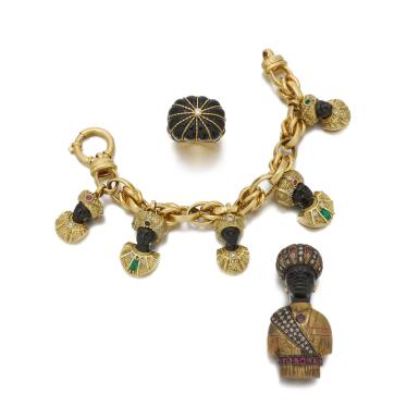 View full screen - View 1 of Lot 117. Codognato, enamel, ruby, emerald and diamond, brooch, bracelet and a ring (Spilla, bracciale e anello in smalto, rubini, smeraldi e diamanti, Codognato).