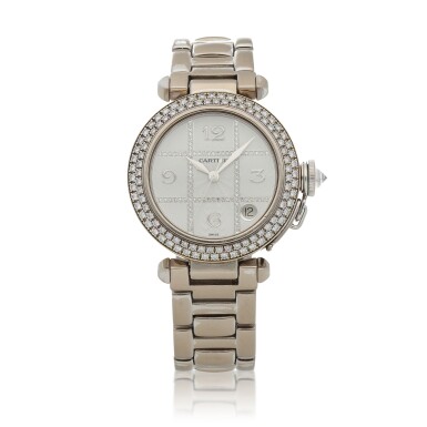 View full screen - View 1 of Lot 472. Pasha, Ref. 2308 White gold and diamond-set wristwatch with date and bracelet Circa 2000 | 卡地亞 2308型號「Pasha」白金鑲鑽石鍊帶腕錶備日期顯示,年份約2000.