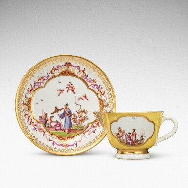 View full screen - View 1 of Lot 100. A Meissen yellow-ground pouring cup and stand, Circa 1730 .