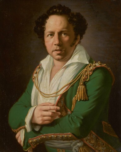 View full screen - View 1 of Lot 121. FRENCH SCHOOL, CIRCA 1820 | Portrait of a gentleman, half-length, wearing green uniform.