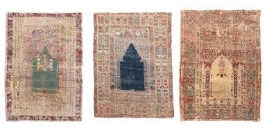 View full screen - View 1 of Lot 381. Lot including a Kula prayer carpet and two Ghiordès prayer carpets, Western Anatolia, late 18th century early 19th century.