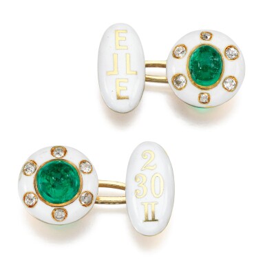 View full screen - View 1 of Lot 293. Pair of emerald, enamel and diamond cufflinks, early 20th century.
