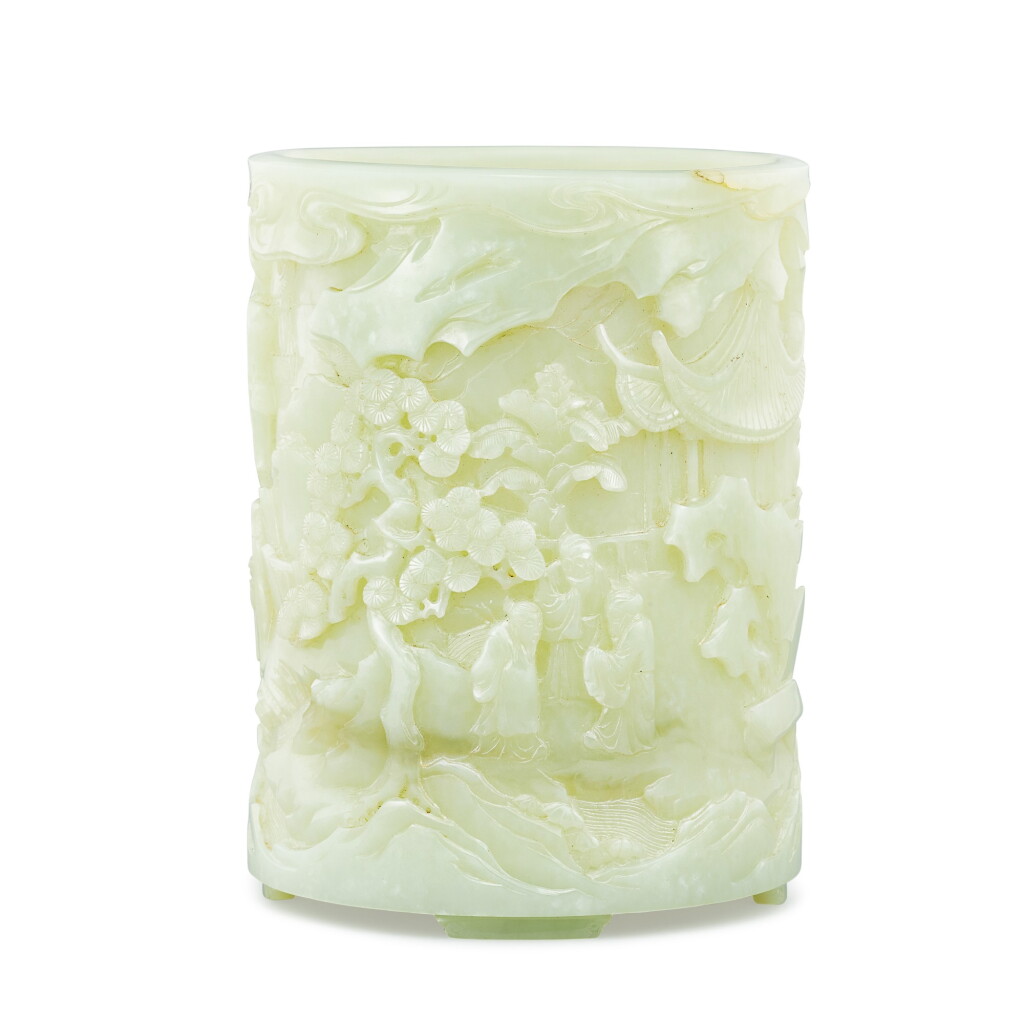 View full screen - View 1 of Lot 319. A white jade 'scholars' brushpot Qing dynasty | 清 白玉高士賞遊圖筆筒.