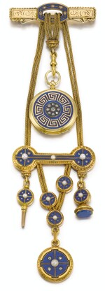 CHARLES OUDIN | A GOLD, ENAMEL, DIAMOND AND SEED PEARL-SET OPEN-FACED WATCH WITH BAR BROOCH PIN AND CHATELAINE CIRCA 1820