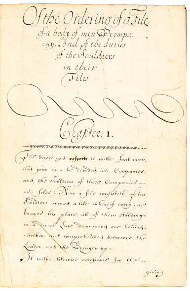View full screen - View 1 of Lot 328. Military treatise on drill and tactics, manuscript in English, 1620s-30s, calf gilt.