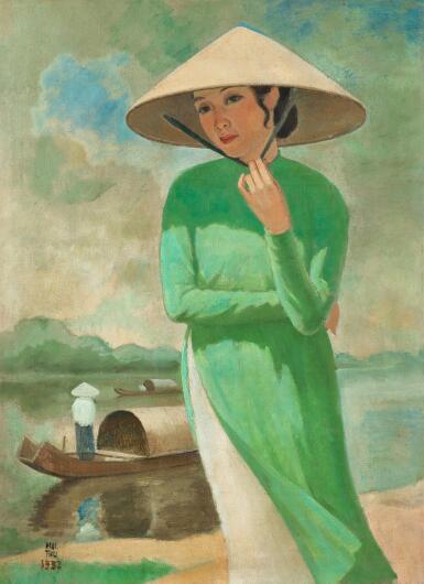 View full screen - View 1 of Lot 6203. Mai Trung Thu 枚中栨(梅忠恕)Femme au chapeau conique le long de la rivière 河邊的斗笠仕女.