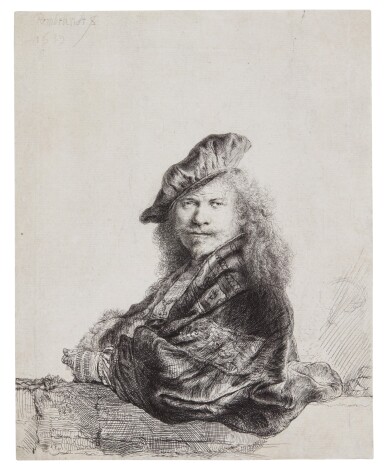 View full screen - View 1 of Lot 75. Self-Portrait Leaning on a Stone Sill (B., Holl. 21; New Holl. 171; H. 168).