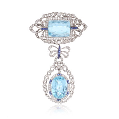 View full screen - View 1 of Lot 787. Aquamarine, sapphire and diamond brooch/pendant, early 20th century.