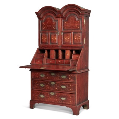 View full screen - View 1 of Lot 217. The Montgomery Family Queen Anne Line-and-Berry Inlaid Cherrywood Slant-Front Desk-and-Bookcase, Nottingham area, Chester County, Pennsylvania, Circa 1745.