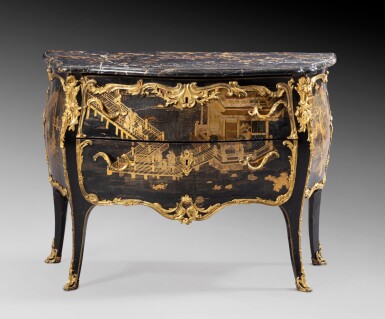 View full screen - View 1 of Lot 32. A gilt-bronze mounted Chinese lacquer commode, Louis XV, circa 1755, stamped I.DUBOIS and JME | Commode en laque de Chine et monture de bronze ciselé et doré au mercure d'époque Louis XV, vers 1755, estampillée I.DUBOIS et JME.