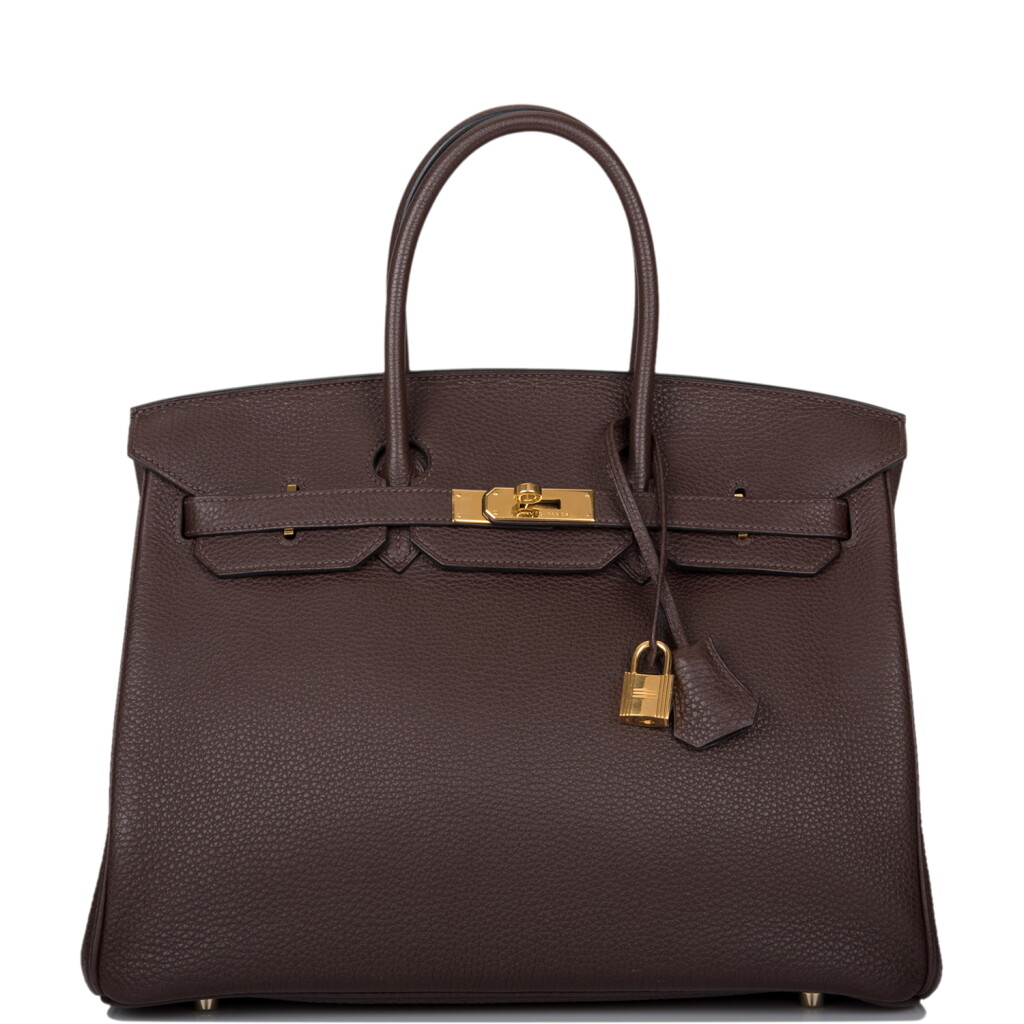 View full screen - View 1 of Lot 68. HERMÈS | CHOCOLATE BIRKIN 35CM OF TOGO LEATHER WITH GOLD HARDWARE.