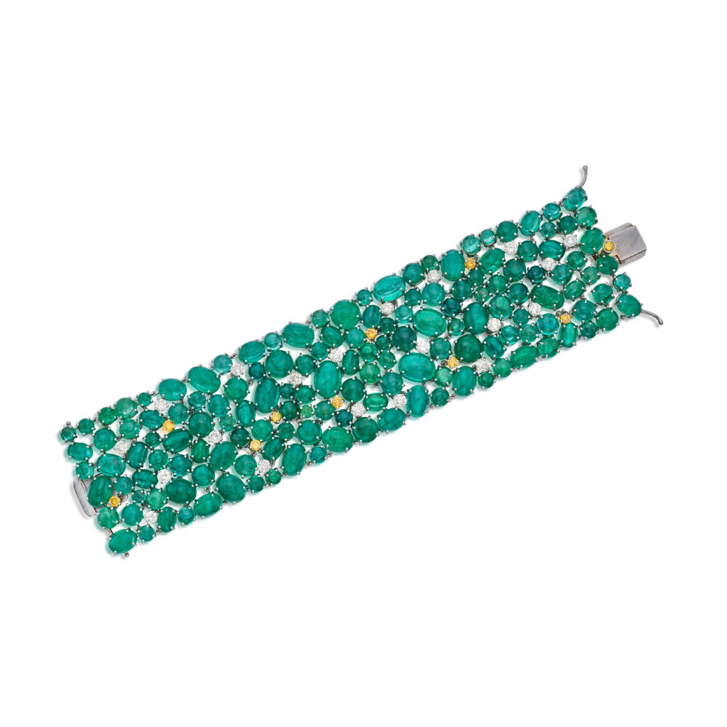 View full screen - View 1 of Lot 326. Emerald, Colored Diamond and Diamond Bracelet.