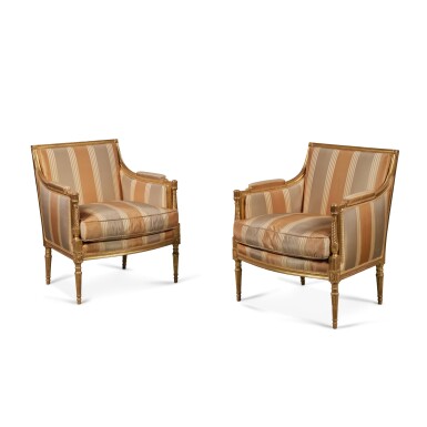 View full screen - View 1 of Lot 139. A Pair of George III Giltwood Bergères in the manner of François Hervé, Circa 1790.