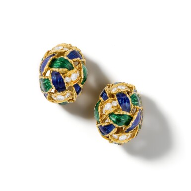 View full screen - View 1 of Lot 317. FRED | Paire de clips émail et diamants | Pair of enamel and diamond ear clips.