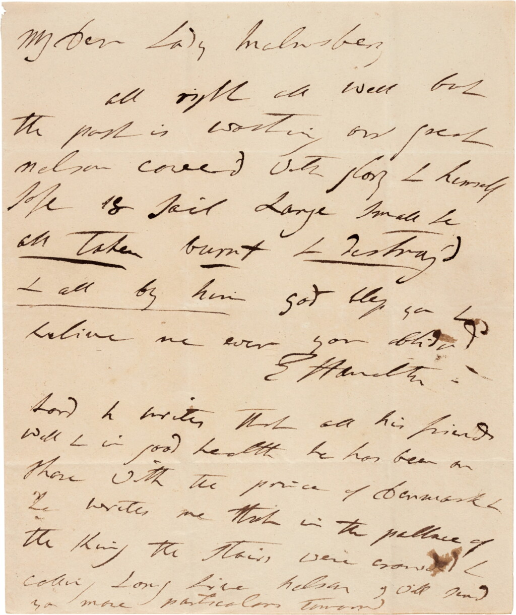 View full screen - View 1 of Lot 322. Emma, Lady Hamilton | Autograph letter signed, on Nelson's victory at Copenhagen, to Lady Malmesbury, 1801.