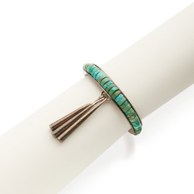 View full screen - View 1 of Lot 373. Silver, Wood, Turquoise, and Coral 'Heishi' Cuff-Bracelet.